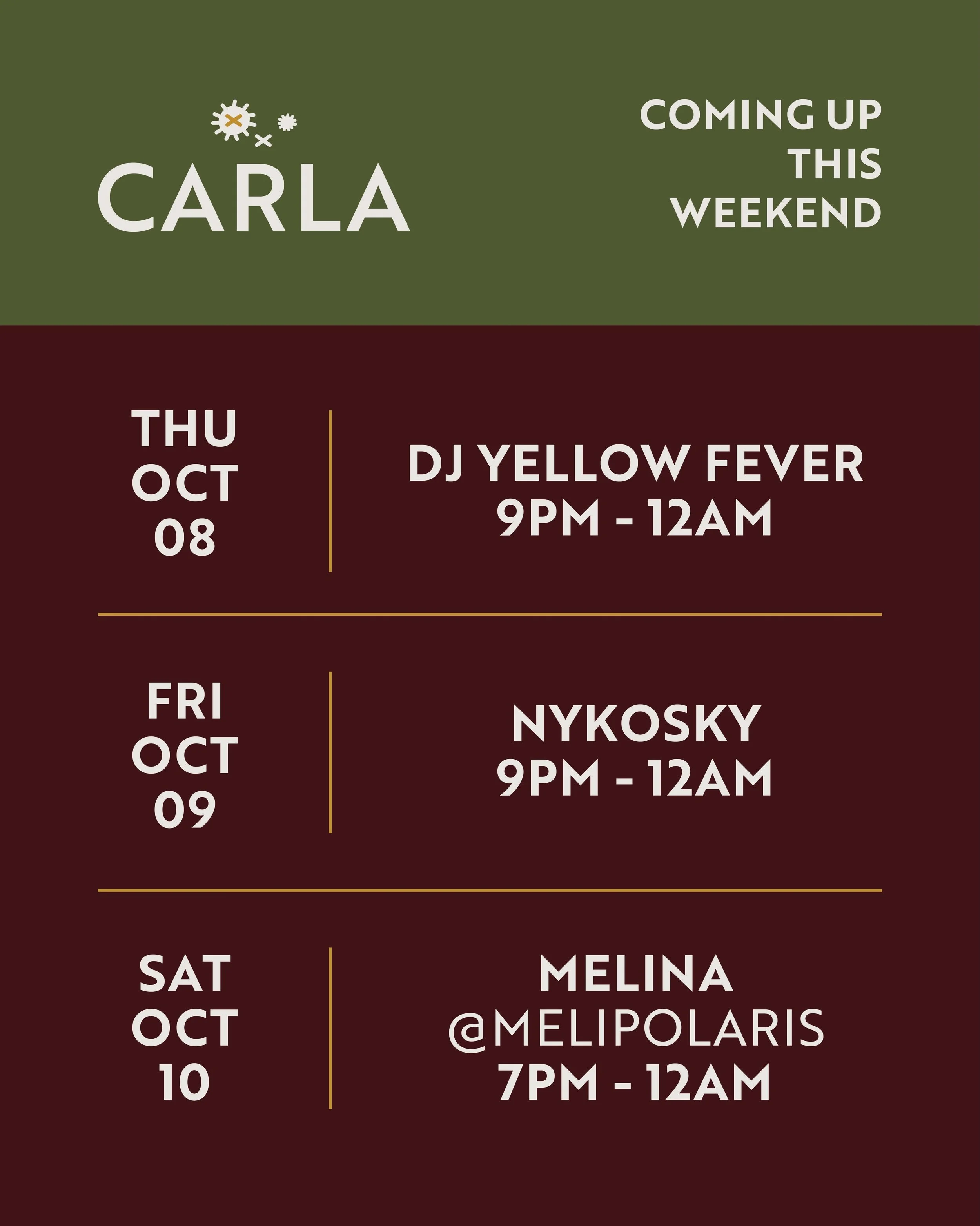 A little something for your weekend rotation. 📀🎶

Three nights of good music, strong drinks, and familiar faces. DJ Yellow Fever, Nykosky, and Melina are taking care of the soundtrack. We&rsquo;ll take care of the rest. 🍸

Start your weekend early