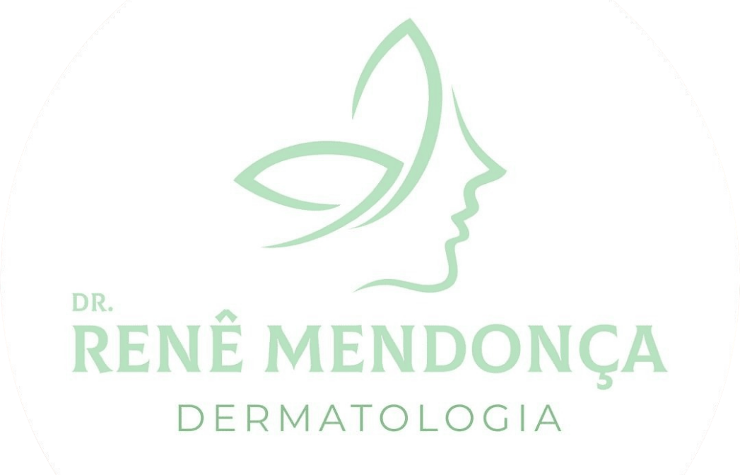Logotipo de dermatologia com perfil de rosto feminino e folhas, escrito: Dr. René Mendonça Dermatologia.