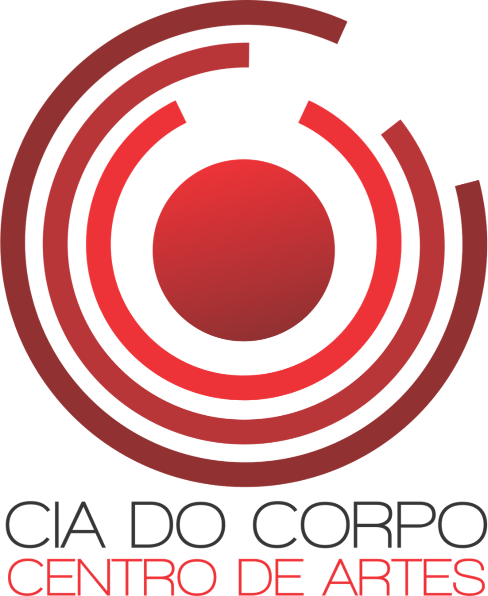 Logotipo do Cia do Corpo Centro de Artes com círculos vermelhos e uma esfera no centro, com texto na parte inferior, em preto e vermelho.