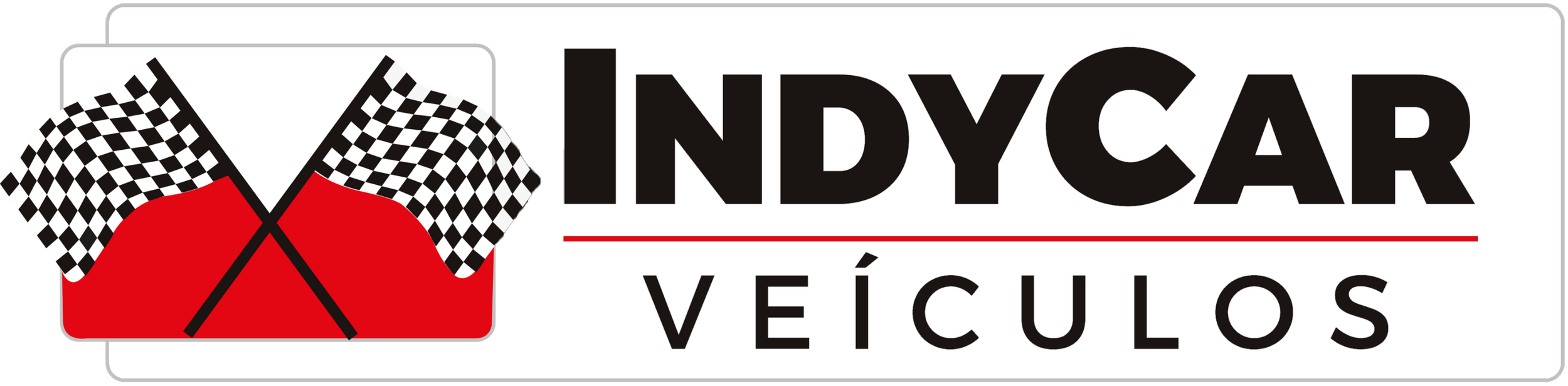 Logotipo de uma loja de veículos com duas bandeiras de corrida vermelhas e pretas, o nome 'INDYCAR VEÍCULOS'.