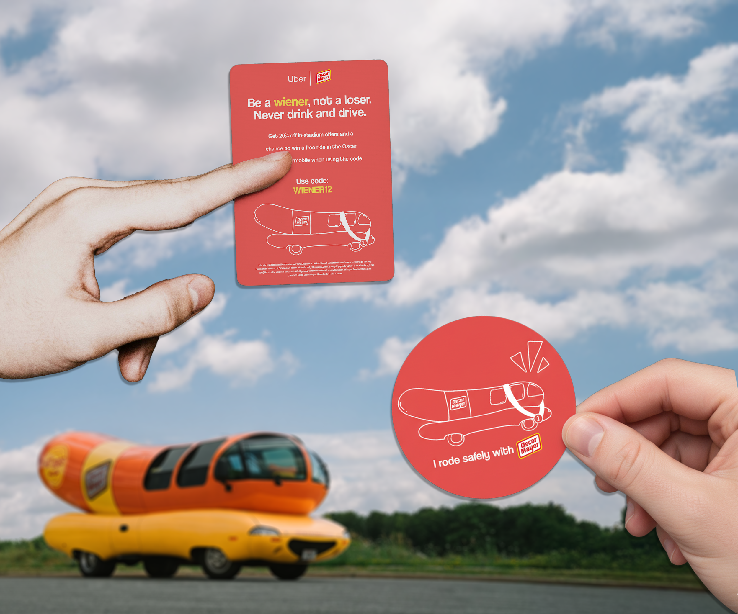 The Uber vouchers that offer a discount and opportunity to ride in the Oscar Mayer Wiener Mobile along with the sticker