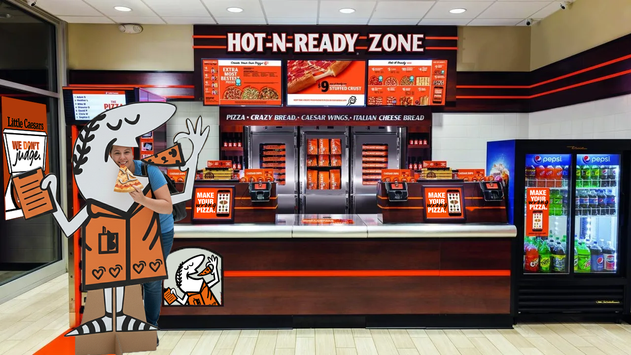 In-store display with cardboard cutout photo-op and new signage 