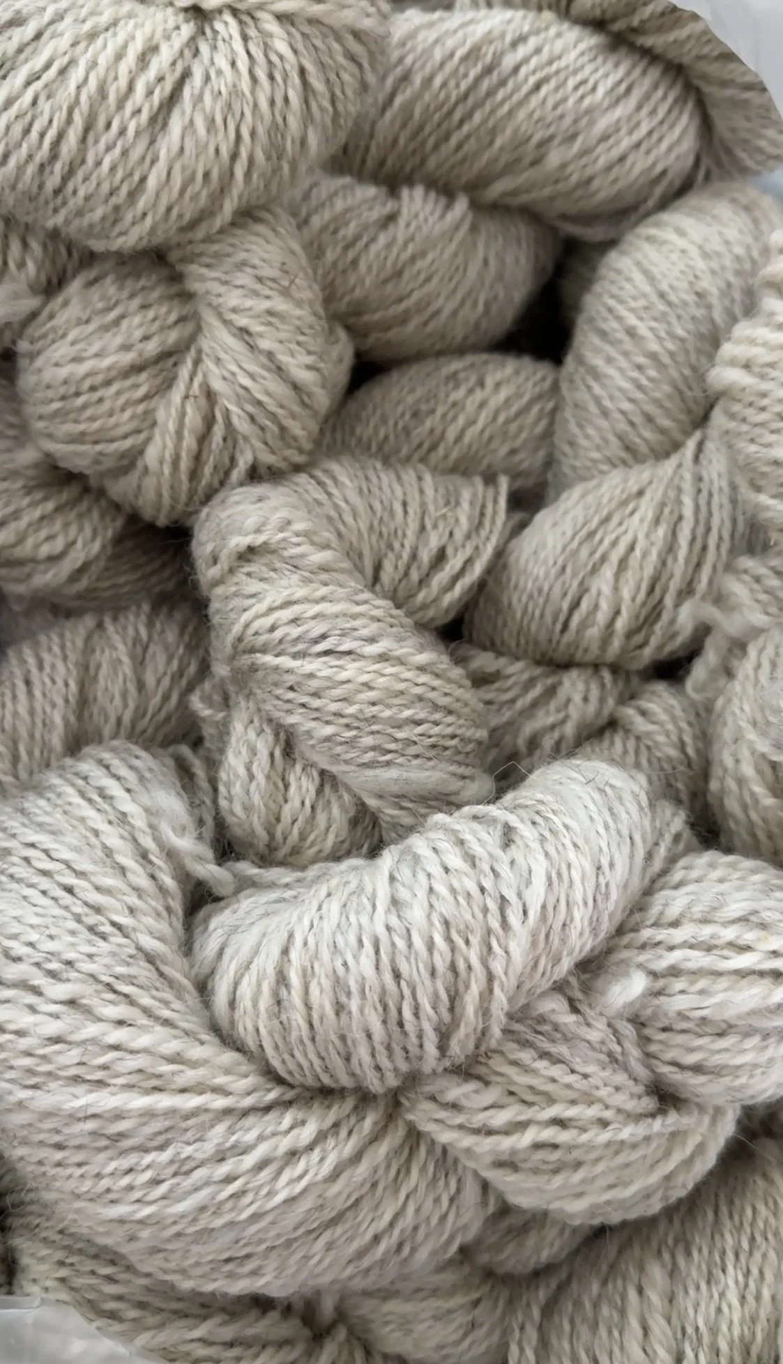 Close-up of cream-colored twisted yarn skeins.