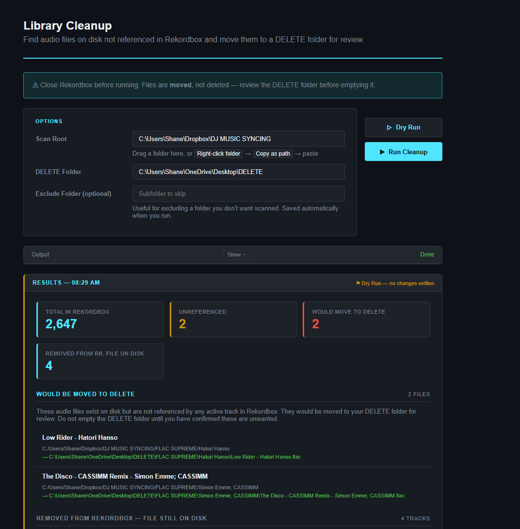 Screenshot of a computer screen displaying a playlist cleanup tool showing total files, unreferenced files, and files to delete, with options and recent results.
