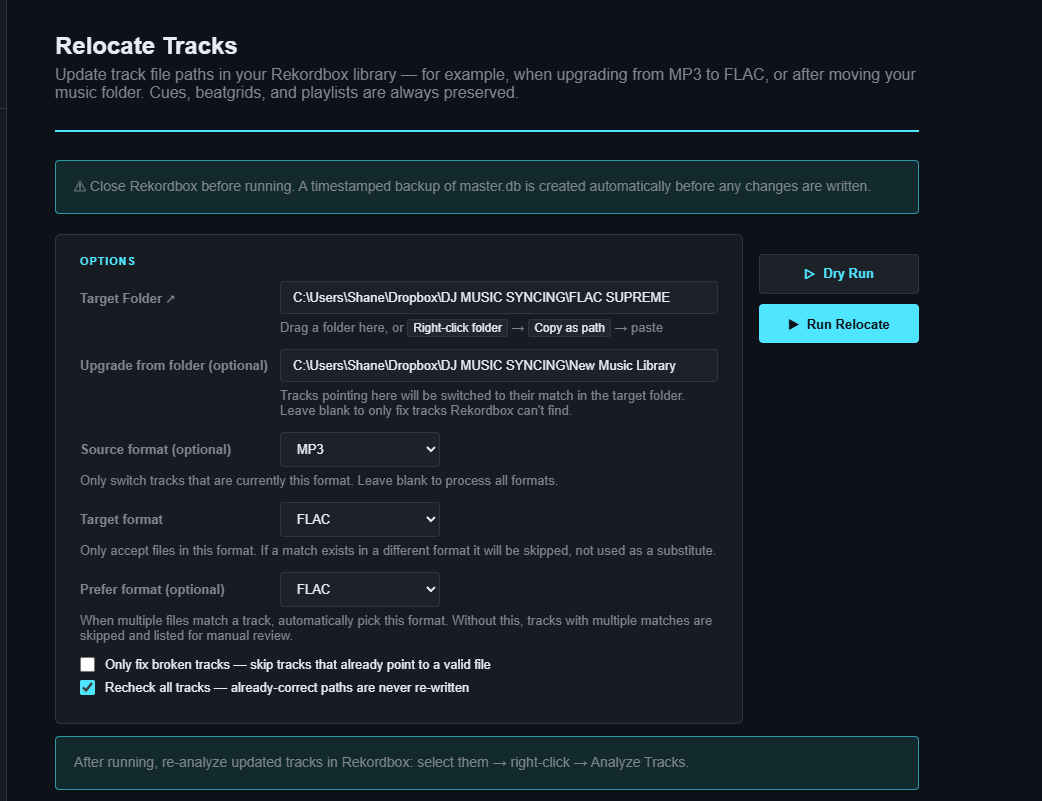 Screenshot of a software interface for changing MP3 to FLAC/WAV music tracks in Rekordbox without losing cues, setting up free streaming from Rekordbox, and more Rekordbox organization tools.