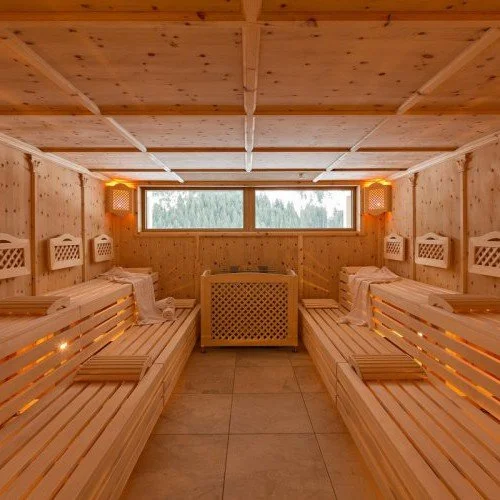 A cozy sauna room with wooden benches on both sides, a central heater, and a large window showing an outdoor view of trees.