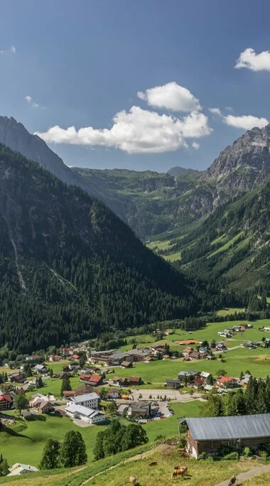 A scenic view of a mountain valley with green forests and a small village, under a blue sky with some clouds.