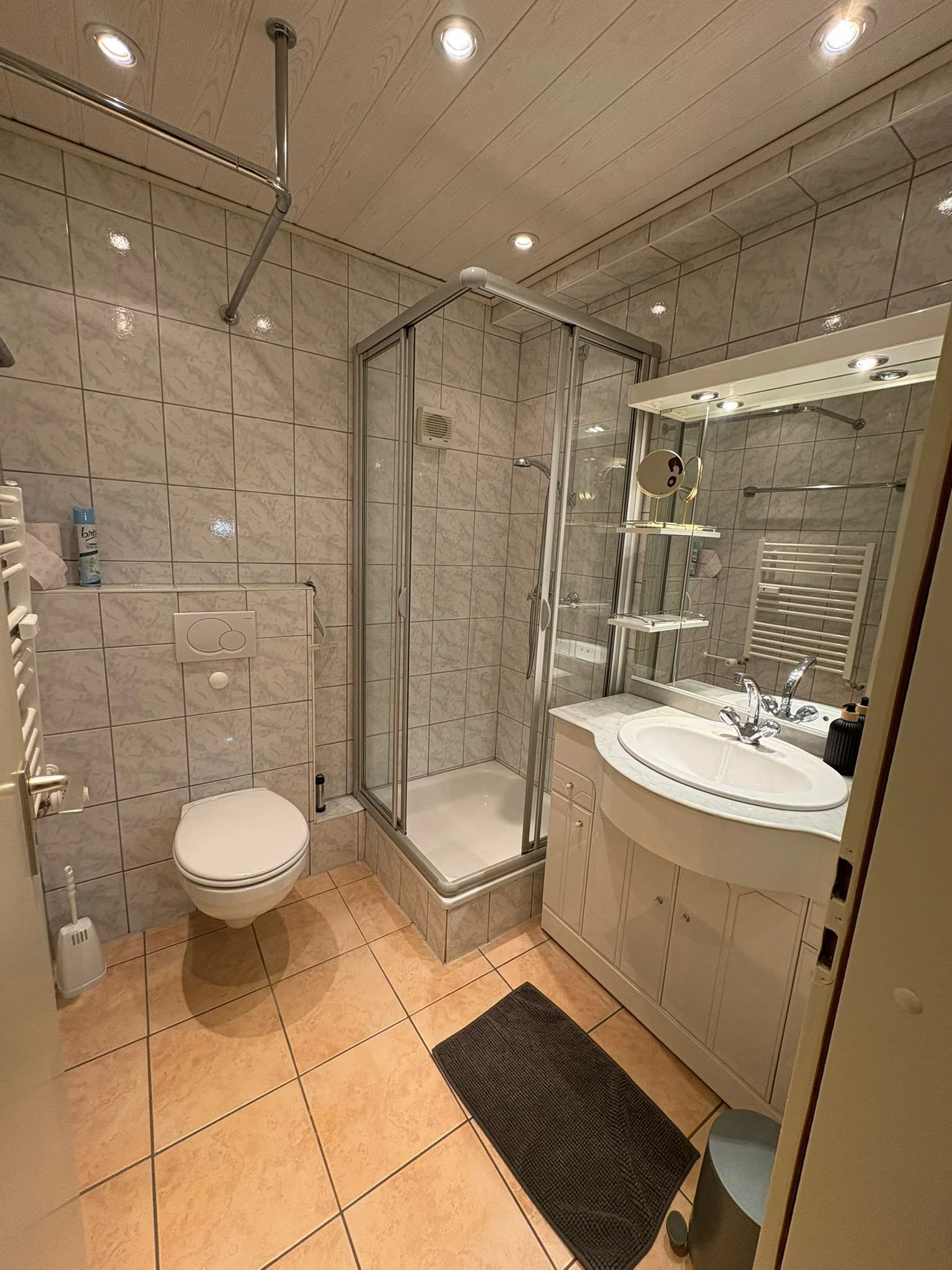 A small bathroom with beige tiled floor and walls, ceiling with recessed lights, a toilet, a shower enclosed with glass, a sink with a mirror and shelf, a white towel radiator, and a black rug on the floor.