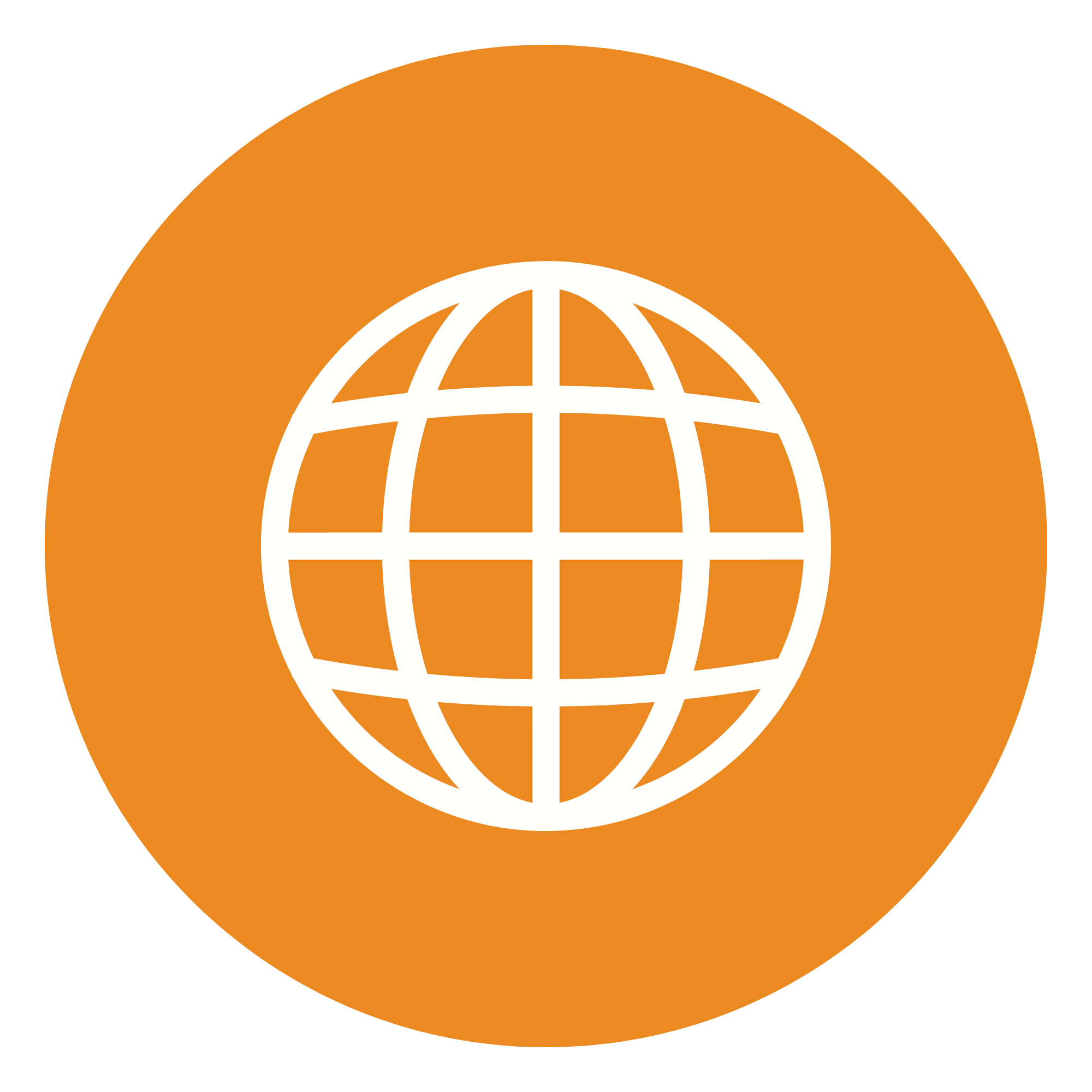 Orange circle with white globe icon inside.