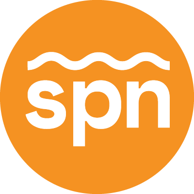 Orange circular logo with three wavy white lines and the lowercase letters "spn" in white.