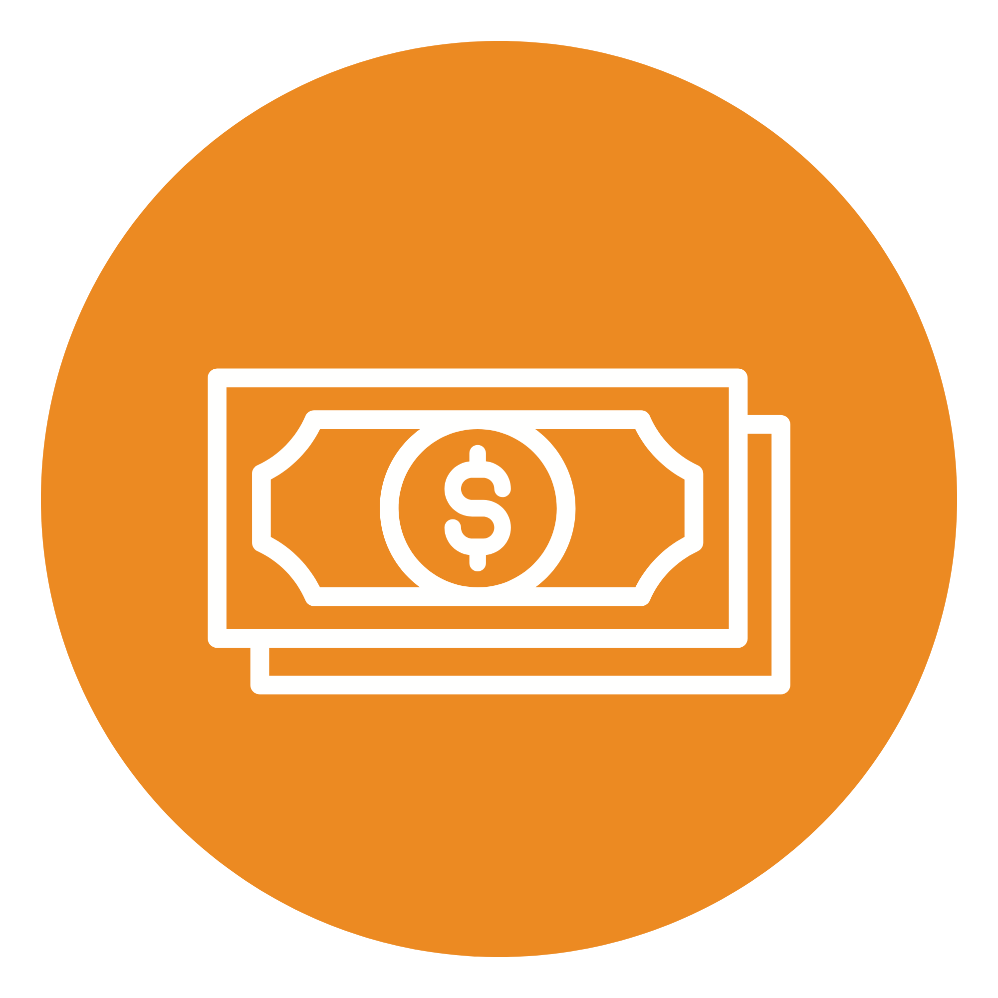 Orange circle with a white outline of a money bill featuring a dollar sign in the center.