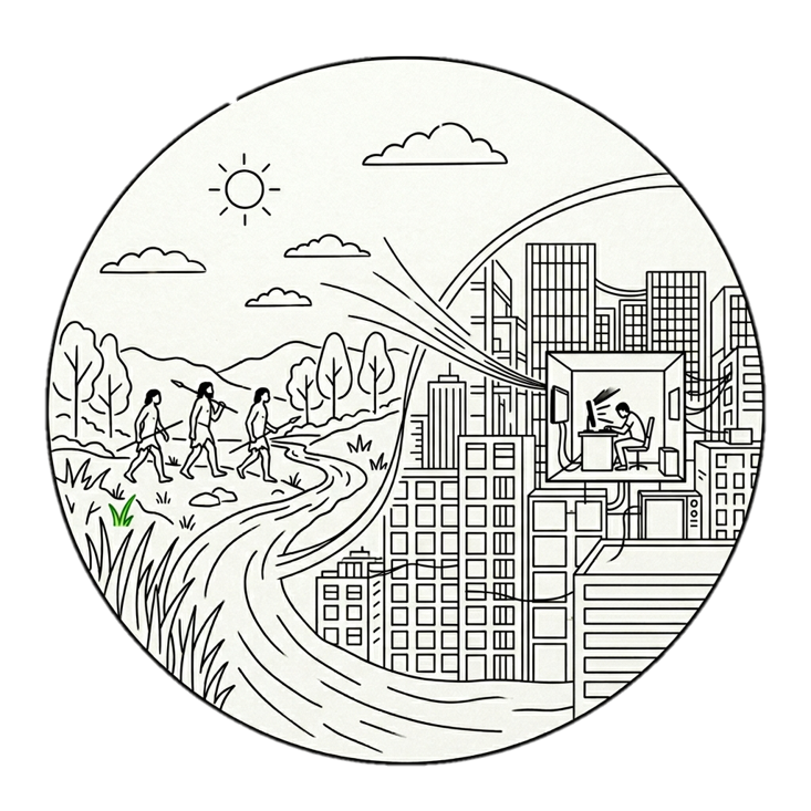 A black and white illustration showing outdoor nature with trees, mountains, and a sun on the left side, transitioning into an urban cityscape with tall buildings and a person working at a desk inside one of the buildings on the right side.