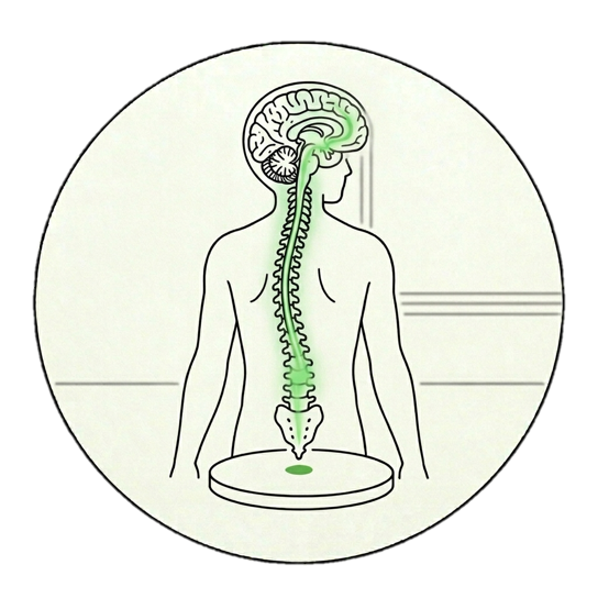 Illustration of the human nervous system with a focus on the brain, spinal cord, and nerves in green, centered above a plate.