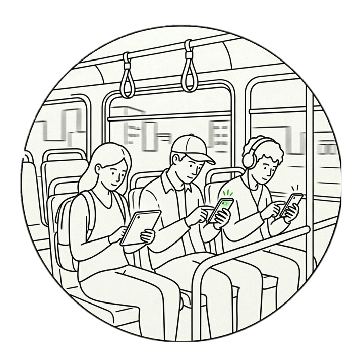 Three people sitting on a bus, each using a smartphone. The woman on the left has long hair and carries a backpack. The man in the middle wears a cap. The man on the right has headphones and is looking at his phone.