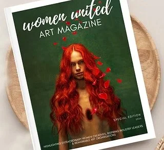 Cover of Women United Art Magazine featuring a woman with long, curly red hair against a green background
