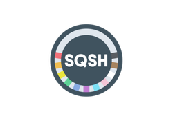 Logo with a circular design and the letters SQSH in the center