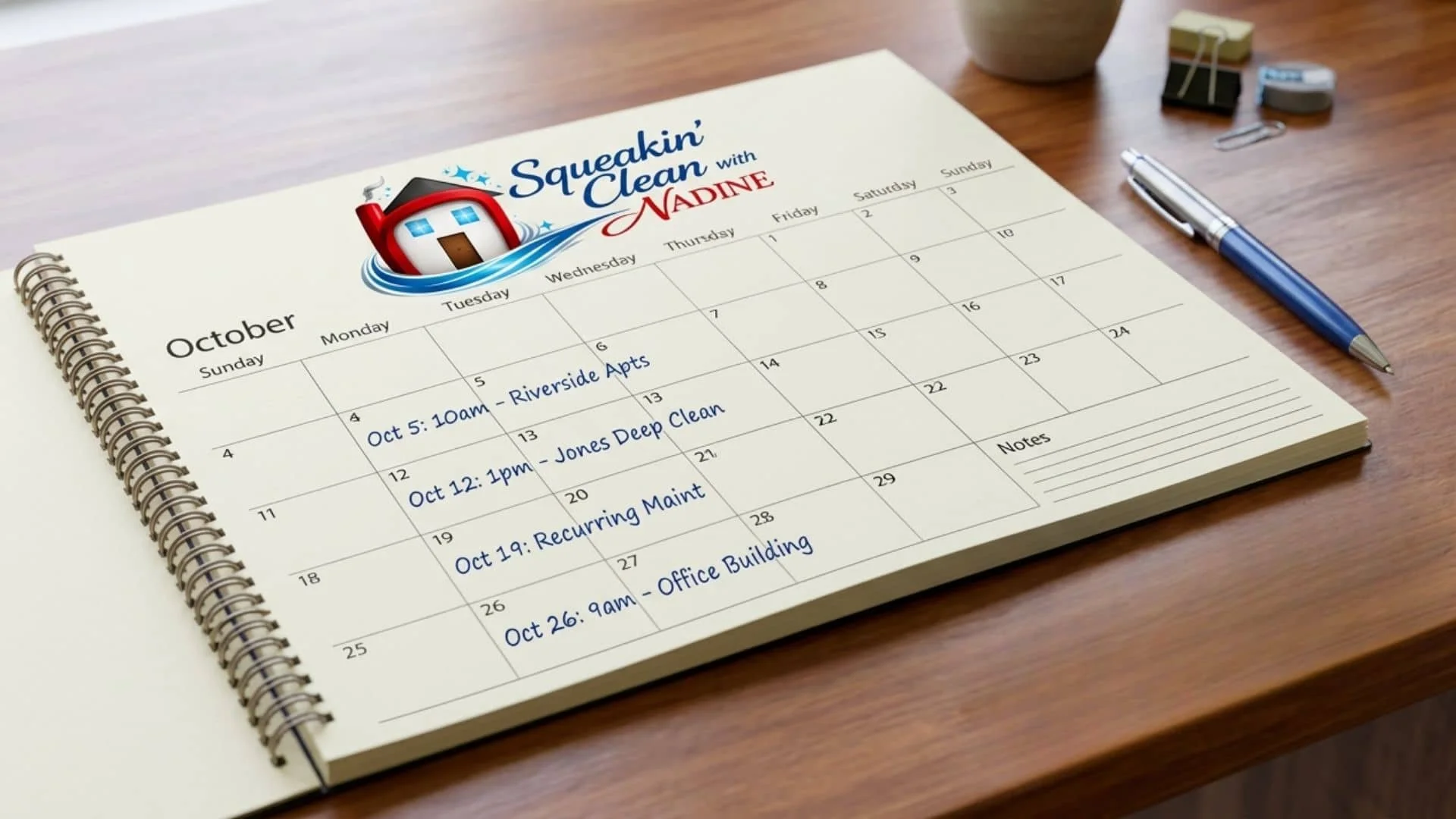 An open calendar book with the Squeakin' Clean with Nadine logo at top and a pen on the side