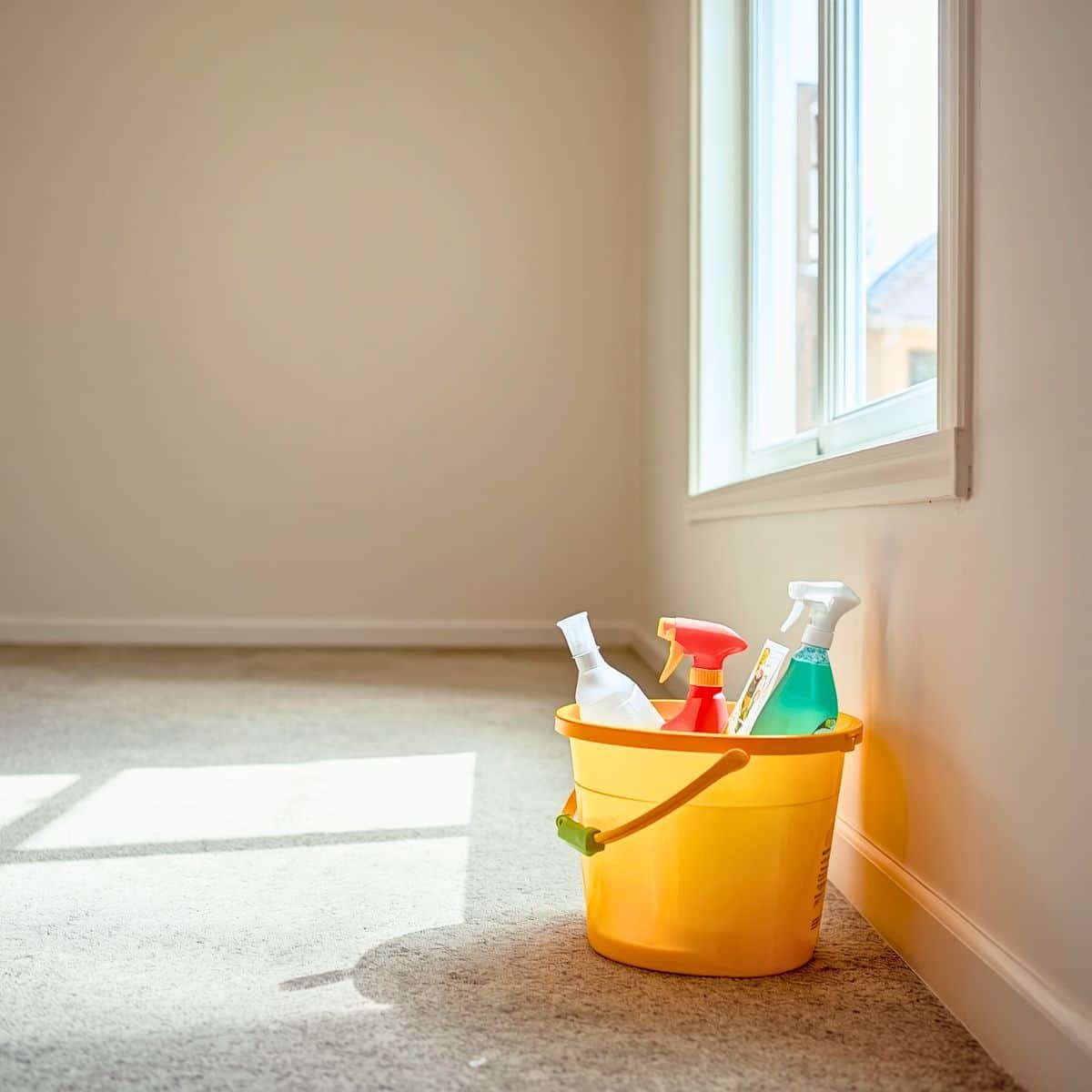 Yellow cleaning bucket with spray bottles and cleaning supplies on Tan carpet near window in bright, empty room with sunlight streaming in.