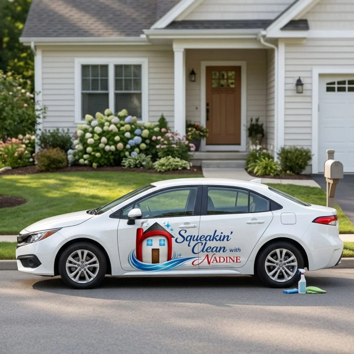 A white car parked in front of a suburban house, with the company's logo and text 'Squeakin' Clean with Nadine' on the side of the car. The house has a front porch, a large window, and a garden with flowers.