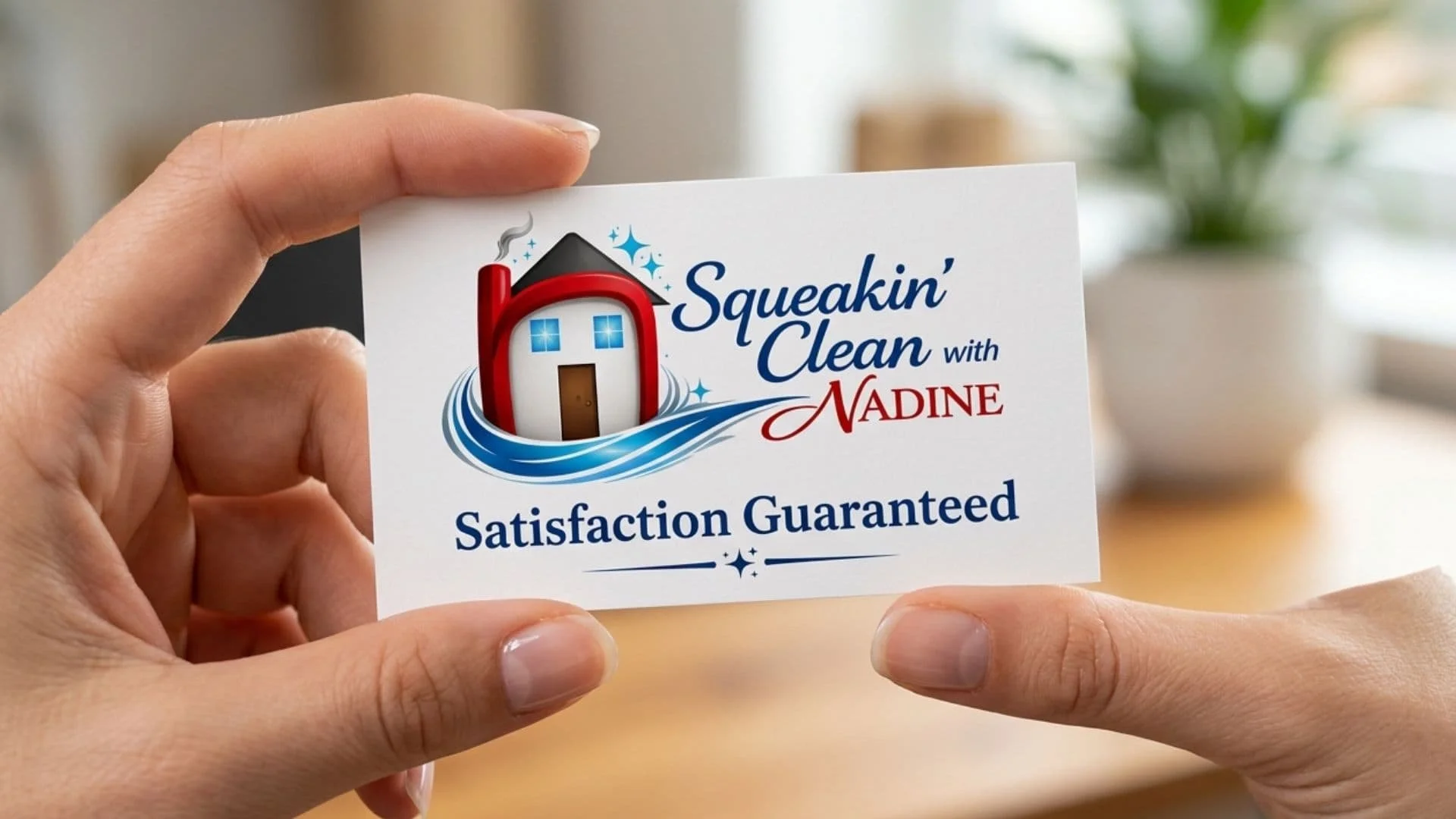 Hands holding a card with the logo for Squeakin' Clean with Nadine logo and Satisfaction Guaranteed under it