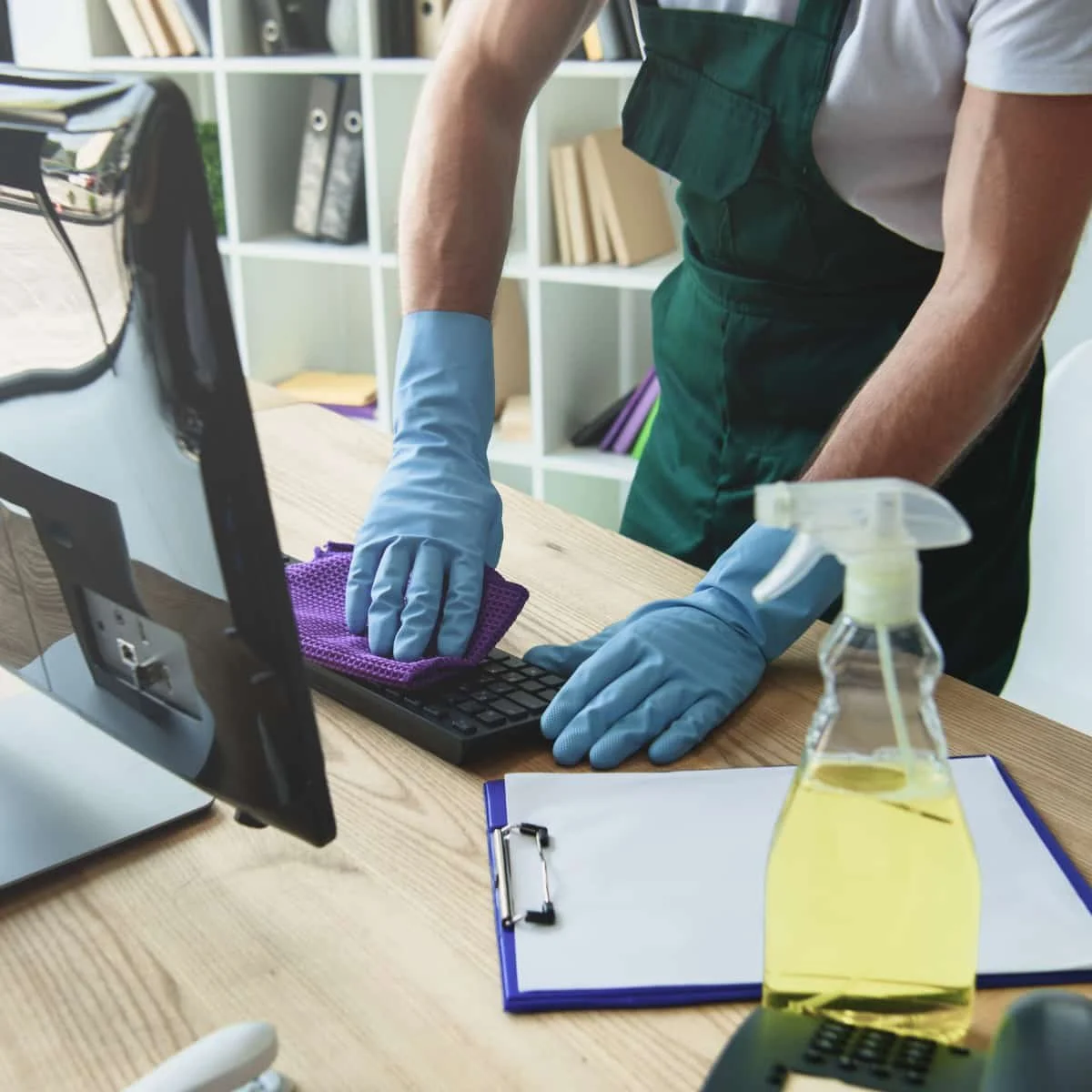 Cleaning and office keyboard with cloth