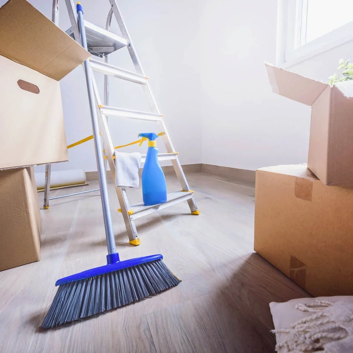 Empty room with moving boxes, a metal step ladder, a blue spray bottle, a cleaning cloth, a broom, and a plant near the window.