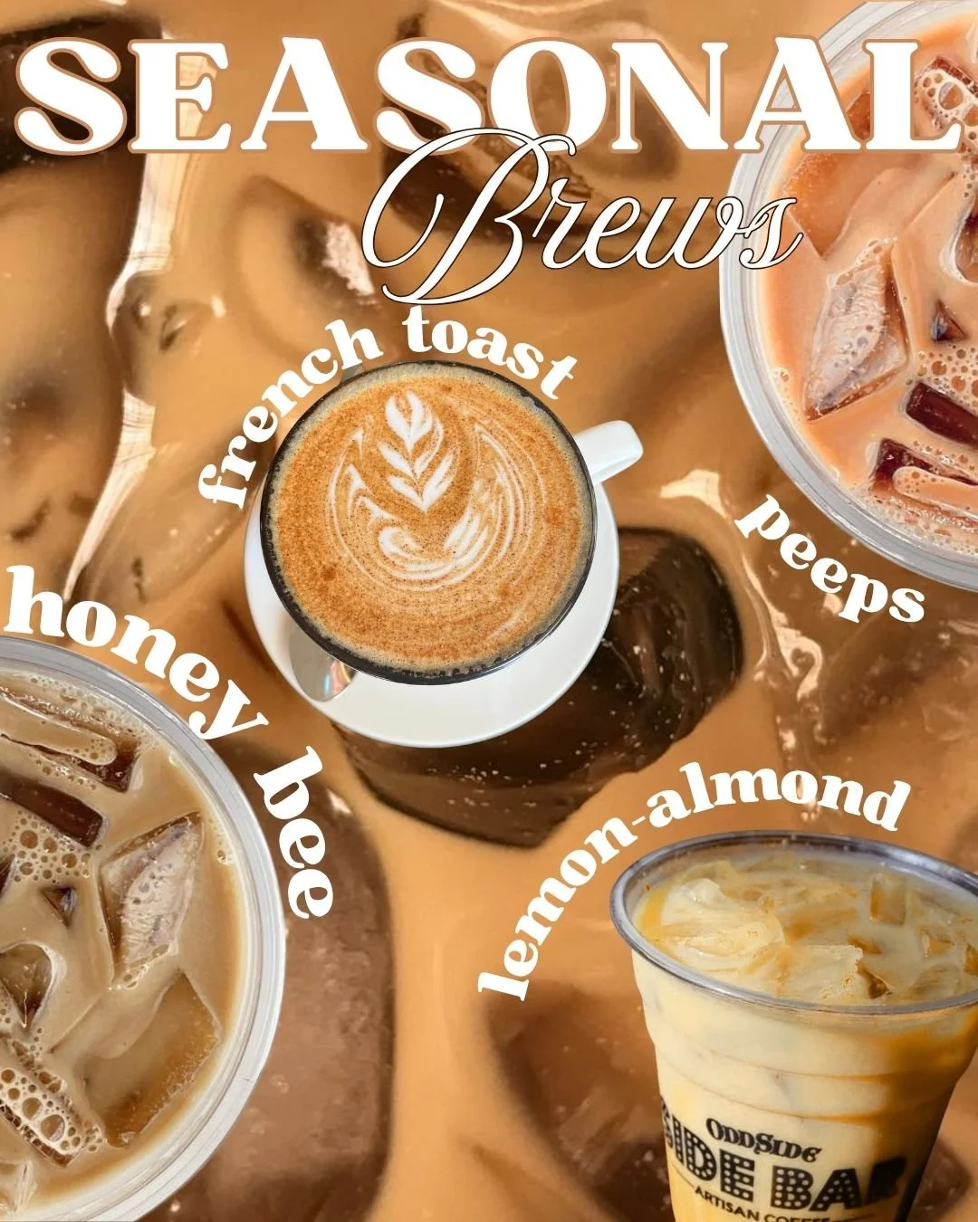 A collage of coffee drinks including a latte with latte art, iced coffee, iced tea, and a beverage labeled 'lemon-almond' on a background of iced coffee.