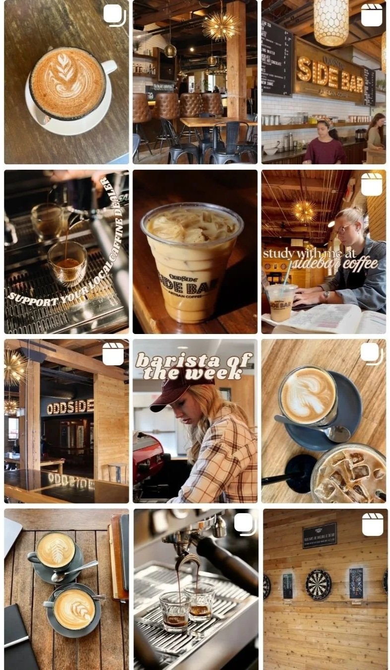 Various images of a coffee shop including cups of coffee with latte art, the interior of the cafe with wooden furniture, patrons reading and working, baristas preparing coffee, coffee being brewed, and a darts game on the wall. A sign on the wall reads 'SIDE BAR'.