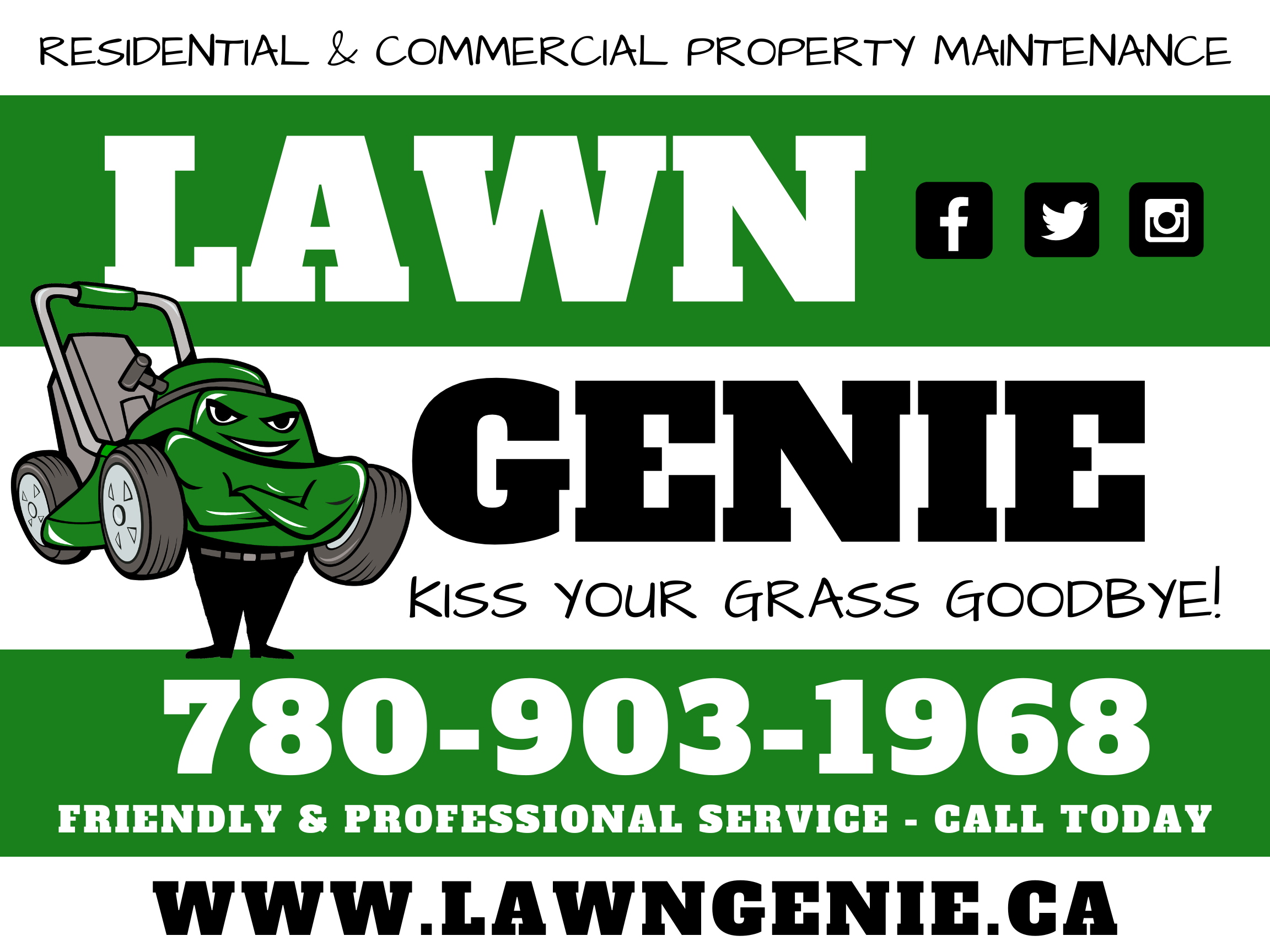 Business card for a lawn care service featuring a mascot of an animated green lawn mower with arms crossed and a confident expression. The card includes contact information, social media icons, and emphasizes professional, friendly service for residential and commercial property maintenance.