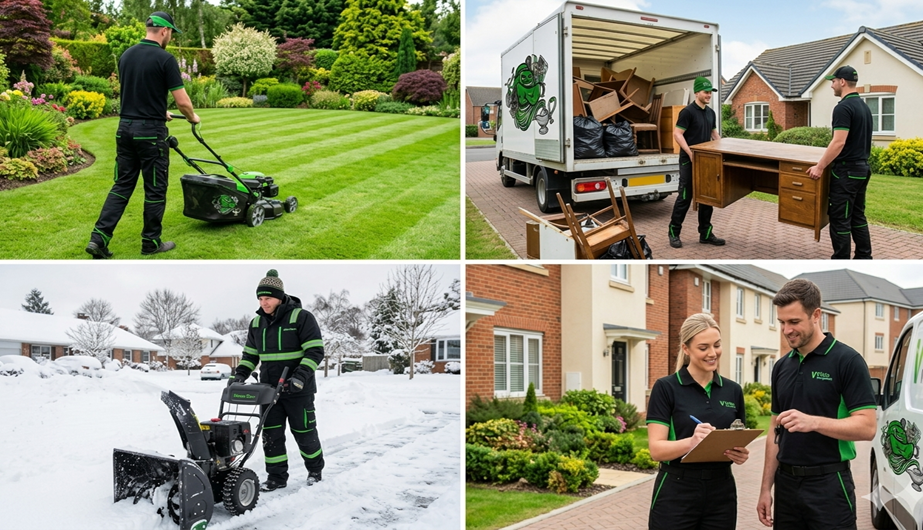 A collage of four images: the first shows a man mowing a lush green lawn in a garden; the second shows two men unloading furniture from a moving truck in front of a house; the third shows a man using a snowblower in a snowy neighborhood; the fourth shows a woman and a man discussing paperwork outside a home, wearing matching uniforms.