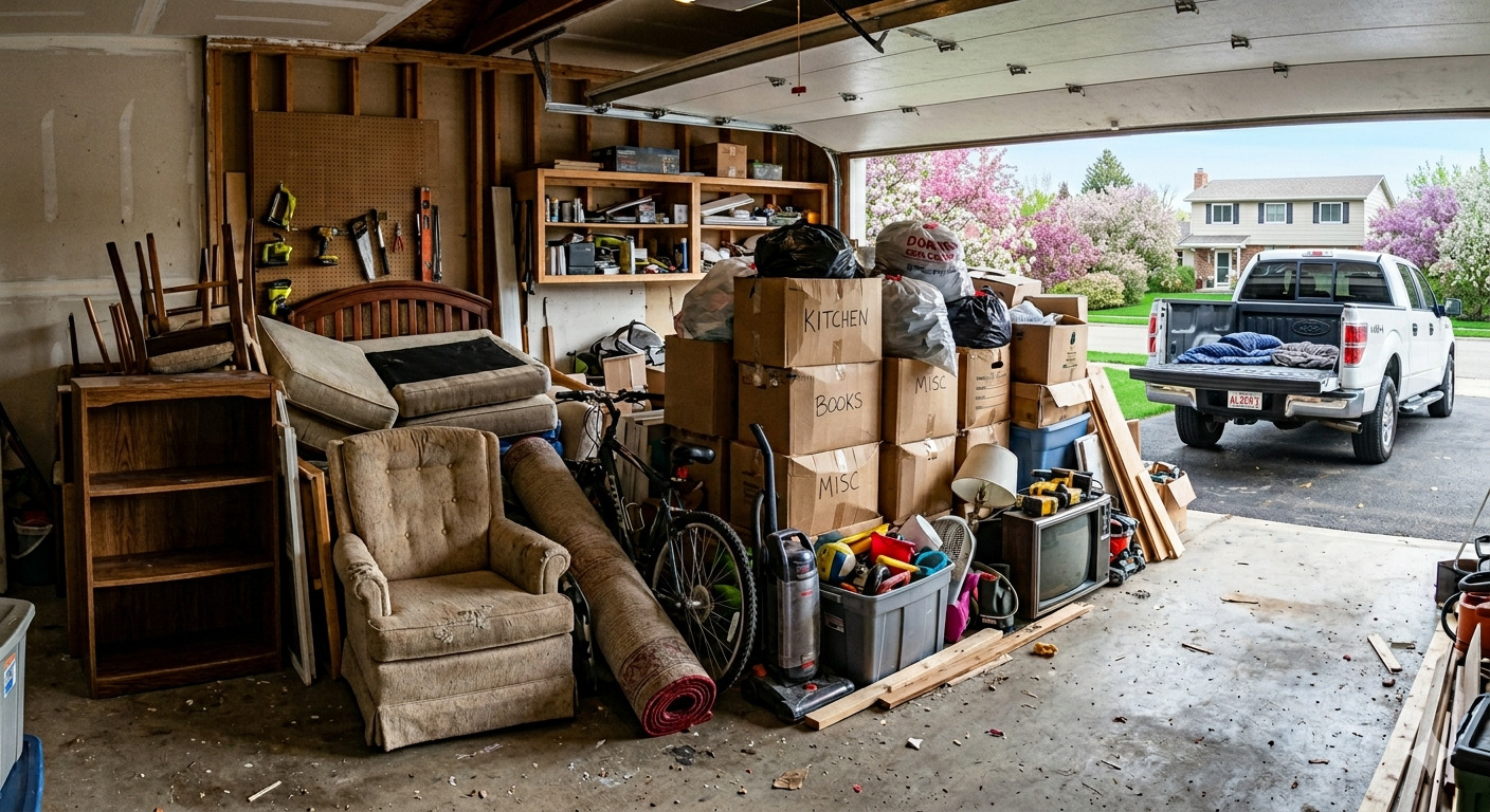 Inside a cluttered garage with various household items, furniture, and boxes, with an open garage door revealing a suburban neighborhood with pink blossoming trees and a white pickup truck outside.
