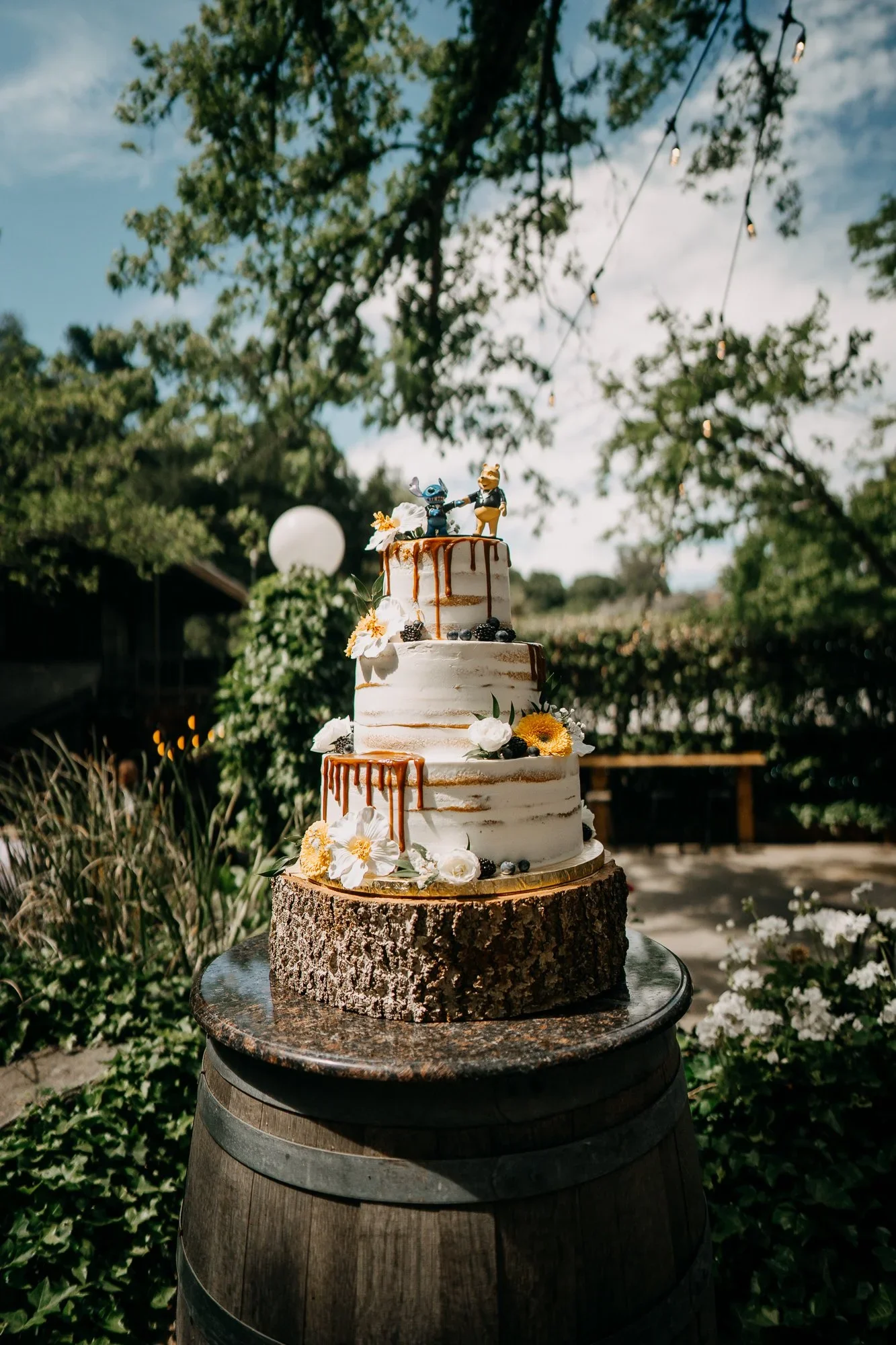 Wedding cake displayed in the garden