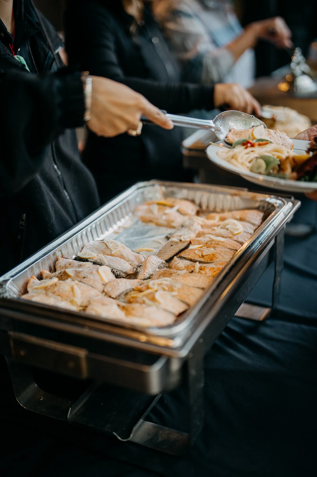 Buffet tray of homemade dumplings from Lien's kitchen at Wildwood Acres