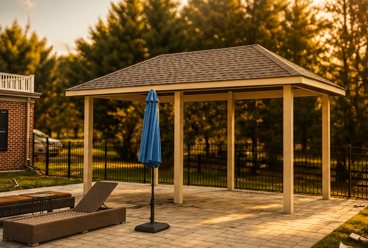 Empty outdoor patio with a gazebo, lounge chairs, and a closed blue umbrella at sunset.