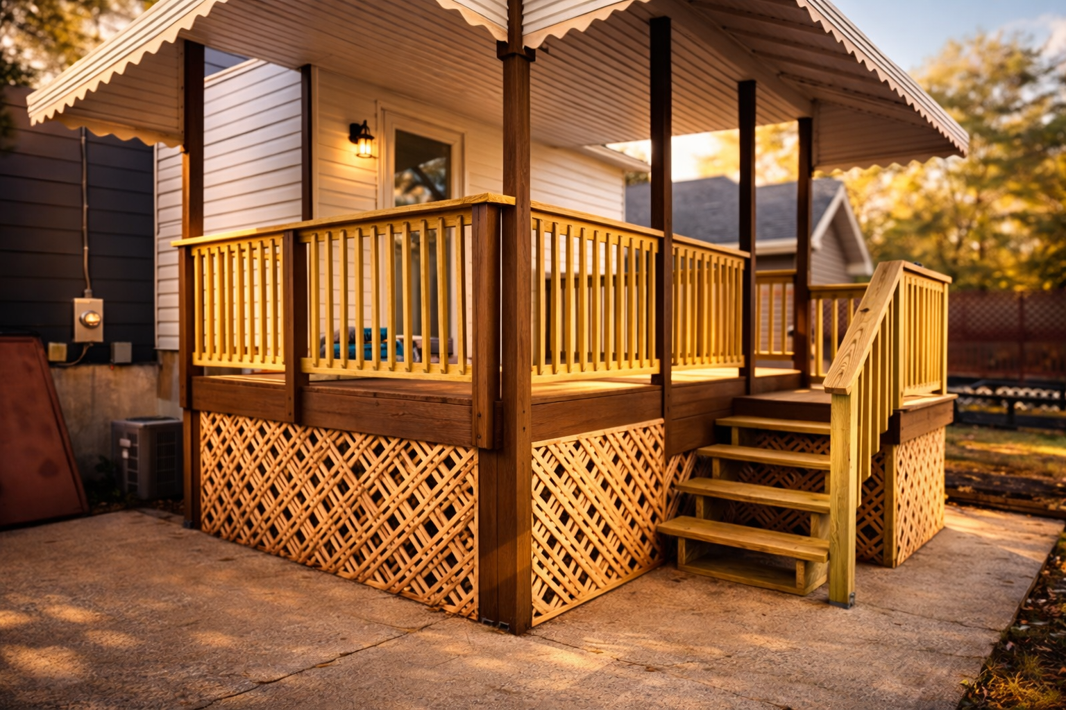 A wooden porch attached to a house with steps leading up to it, surrounded by trees and outdoor light, during sunset.