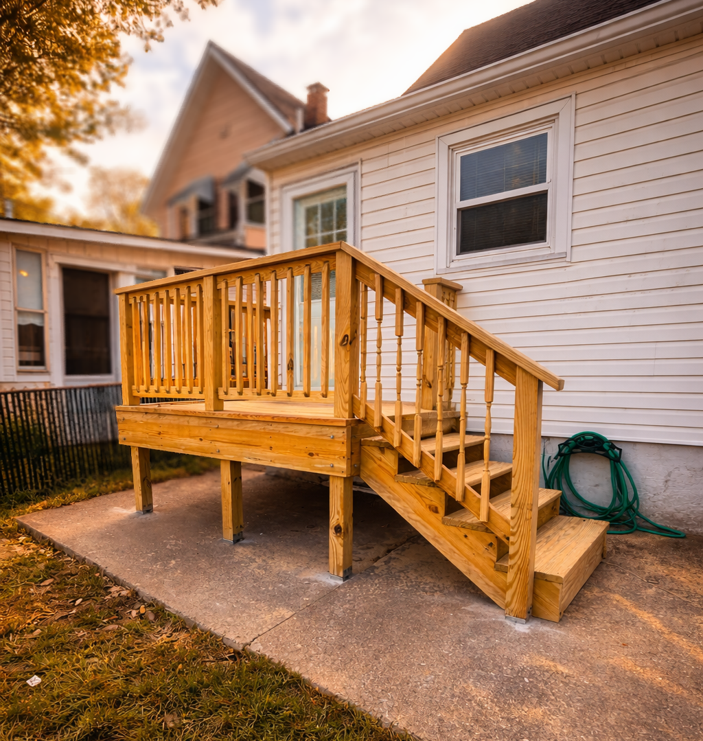 New wooden backyard deck with stairs attached to a white house, green garden hose coiled nearby, and a black fence in the background during the evening.