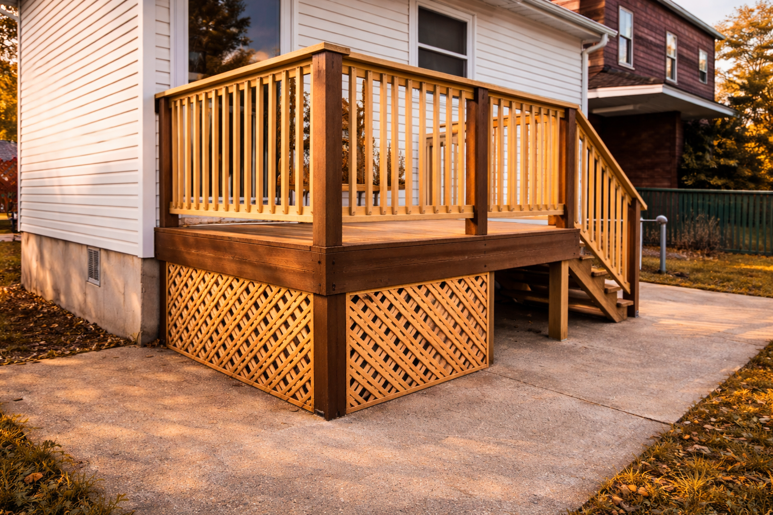 A wooden deck with railing and stairs attached to the side of a white house, with a concrete ground and autumn foliage in the background.