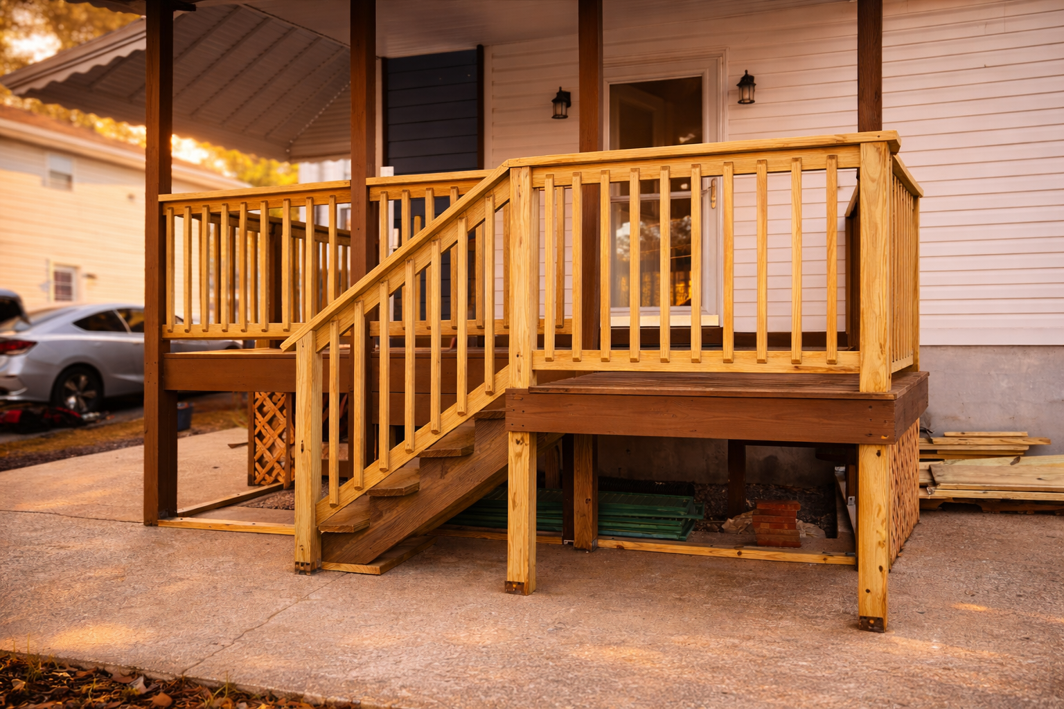 Wooden deck stairs leading up to a house porch with a white siding exterior, black mailbox, and two outdoor lanterns, with cars parked in the background.