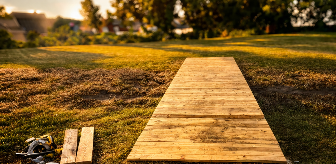 A wooden ramp under construction on a grassy field during sunset, with construction tools and planks on the ground nearby.