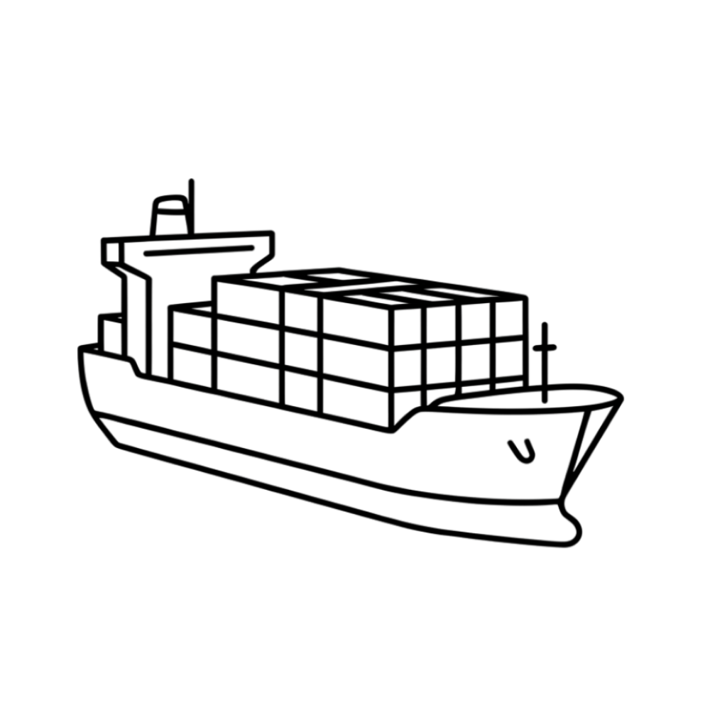 A minimalist wireframe line icon of a maritime cargo shipping vessel, representing operational maturity and structural continuity at Good Operations.
