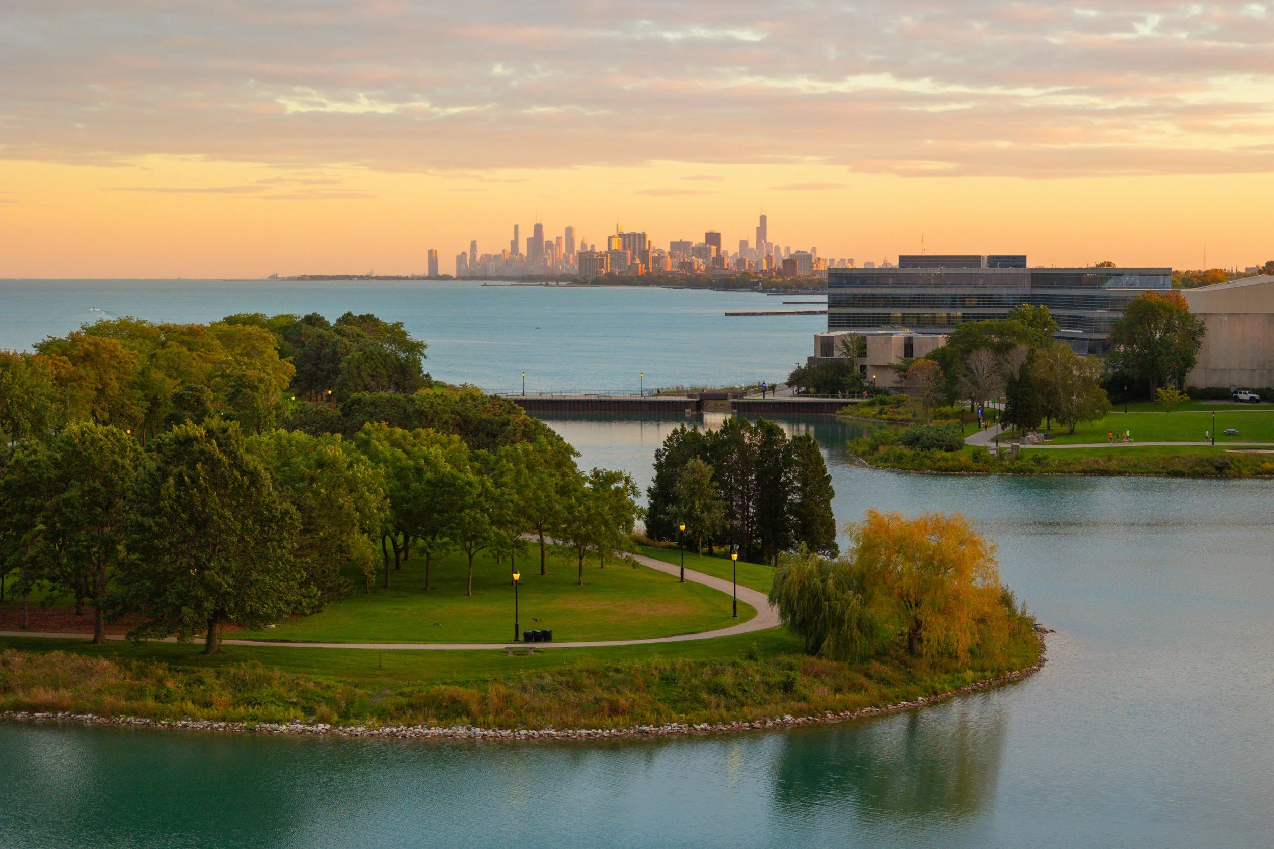 Chicago in the distance as viewed from the Northwestern University campus in Evanston, IL
