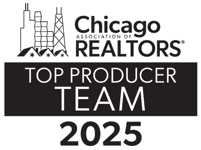 Chicago Association of Realtors Top Producer Team 2025 badge with city skyline outline.