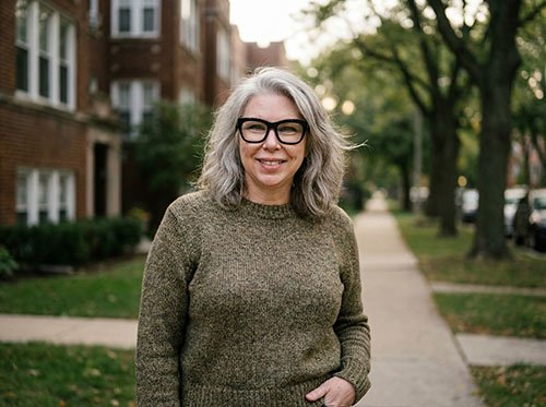 A woman with gray curly hair and glasses standing on a sidewalk in a residential neighborhood with trees and brick buildings.