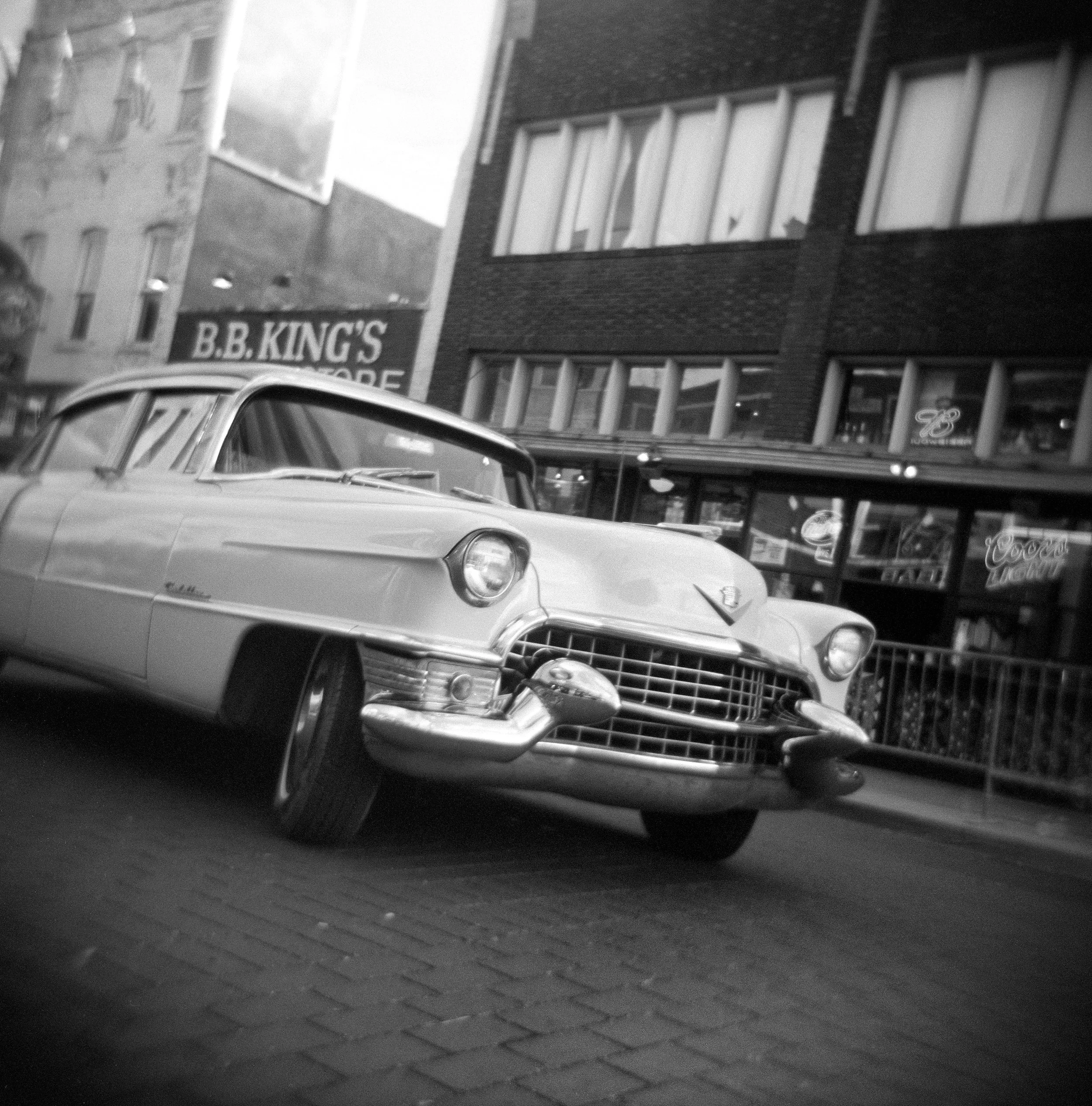Classic Cadillac on Beale Street in Memphis, in black and white