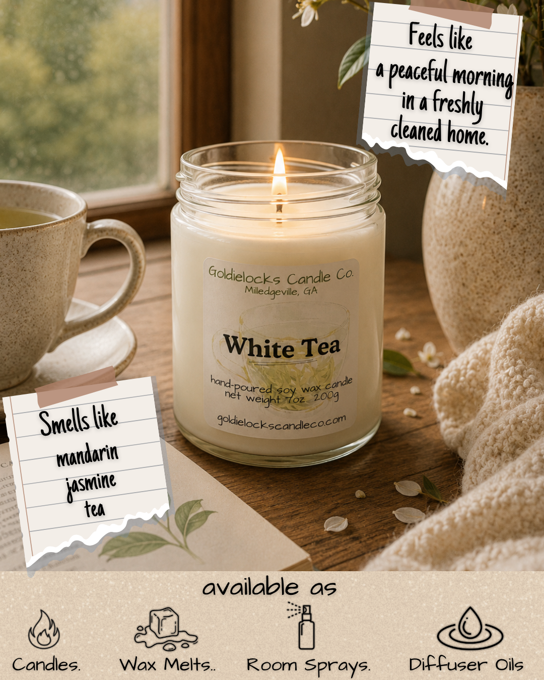 A lit white scented candle in a glass jar on a wooden table next to a beige mug, with notes indicating it smells like mandarin and jasmine tea and feels like a peaceful morning in a clean home. The notes mention that the candle is made by Goldielocks Candle Co. in Milledgeville, GA, and is a hand-poured soy wax candle. Additional notes indicate that the candle is available as candles, wax melts, room sprays, and diffuser oils.