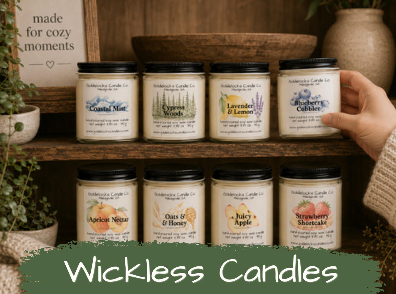 A display of Wickless Candles in glass jars with black lids, arranged on wooden shelves. The candles have labels indicating different scents such as Coastal Mist, Cypress Woods, Lavender & Lemon, Blueberry Cobbler, Apricot Nectar, Oats & Honey, Juicy Apple, and Strawberry Shortcake. The background includes a framed sign that reads 'made for cozy moments,' and a plant to the left.