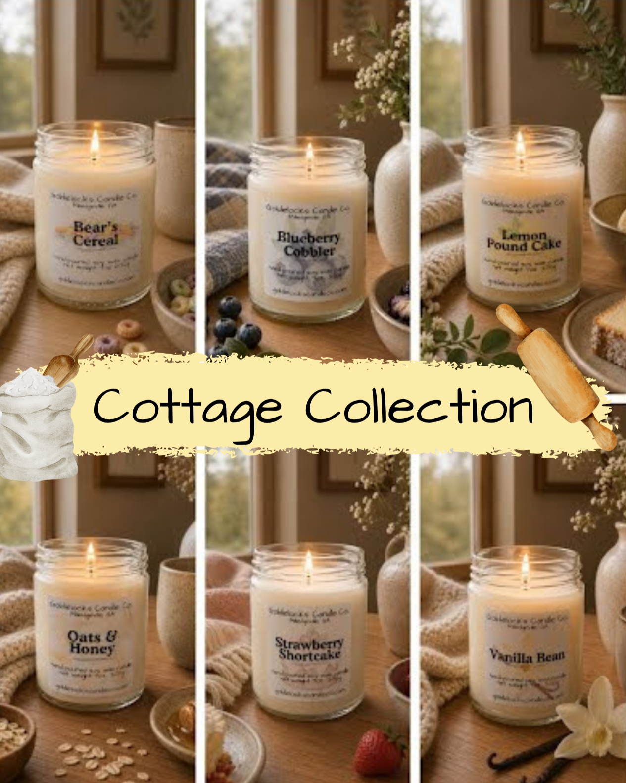 Collection of candles with labels such as Bear's Cereal, Blueberry Cobbler, Lemon Pound Cake, Oats & Honey, Strawberry Shortcake, Vanilla Bean, arranged with cozy fabrics, vases, and desserts on a wooden table in a cottage setting.