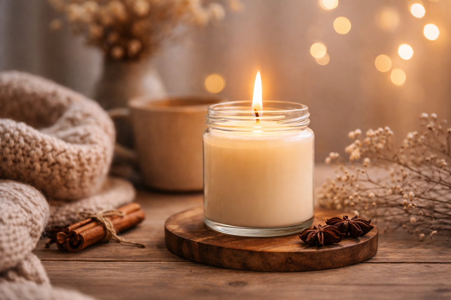 A lit candle in a glass jar placed on a round wooden coaster on a rustic wooden surface. The background has warm strings of lights, a beige knitted blanket, a bundle of cinnamon sticks, star anise, dried flowers, and a ceramic cup, creating a cozy, warm ambiance.