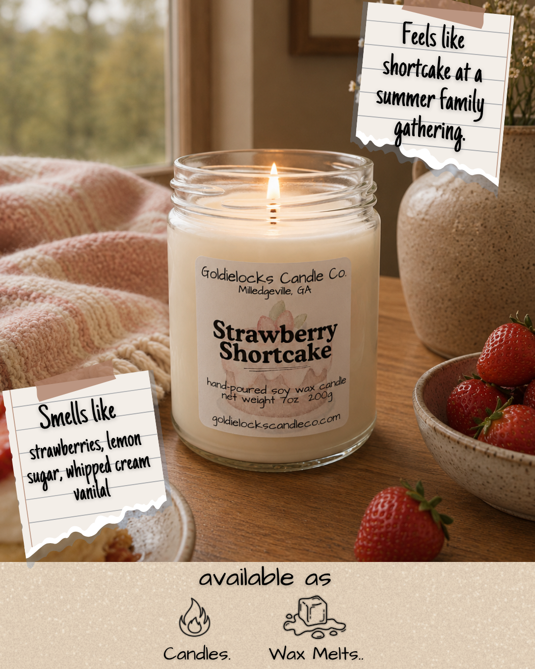 A lit strawberry shortcake scented candle from Goldielocks Candle Co. sitting on a wooden table with a bowl of strawberries nearby. Handwritten notes say it smells like strawberries, lemon sugar, whipped cream, and vanilla, and it is available as candles and wax melts.