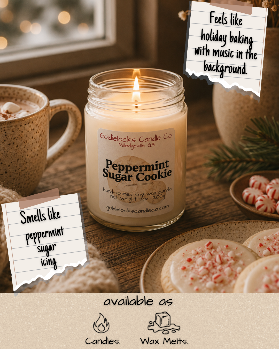 A lit peppermint sugar cookie scented candle from Goldielocks Candle Co. on a wooden table, surrounded by a mug of hot chocolate with whipped cream, peppermint candies, and decorated sugar cookies, with note cards describing the scent and ambiance.